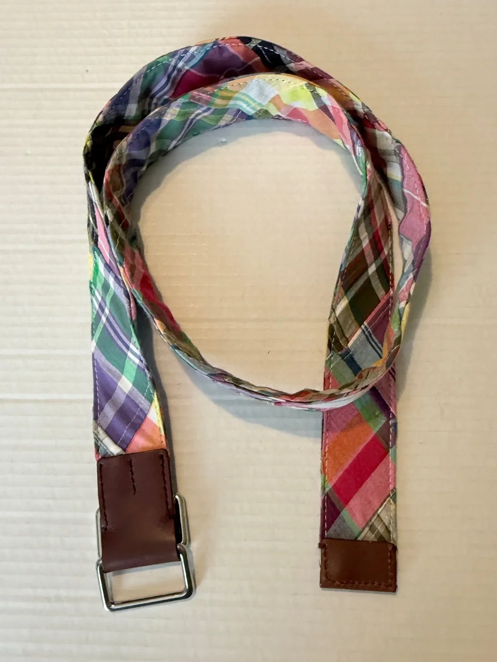 Brooks Brothers UNISEX D-Ring Colorful Cotton Madras Plaid Belt Leather Accents